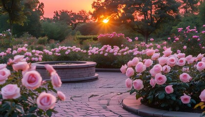 Wall Mural - Serene Sunset Over a Pastel Pink Rose Garden Surrounding a Circular Pedestal