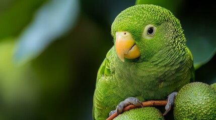 Sticker -  A tight shot of a green parrot perched on a tree branch, avocados in sharp focus at the foot