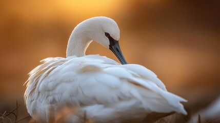 Poster -  Close-up of a white bird with a long neck and black beak in a grassy scene Yellow background suggests sunlit sky