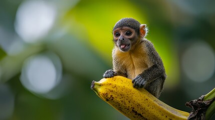 Wall Mural -  Monkey grasping banana from tree, mouth agape, tongue extended