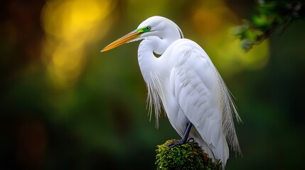 Sticker -  A white bird perches atop a moss-covered branch, adjacent to a green, leafy one Background softly blurred