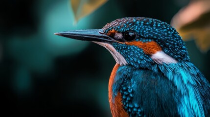 Poster -  A tight shot of a blue-orange bird perched on a branch, surrounded by leafy foliage Background subtly blurred