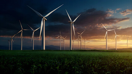 Usine of Eolic Wind Turbines. Sustainable, Renewable energy force in a Country Side with sunset with vibrant sky.