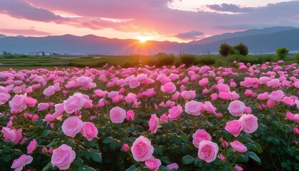 Wall Mural - Sunset over a field of pink roses surrounding a marble pedestal