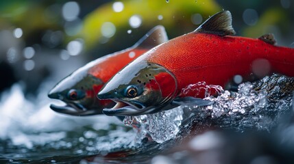 Wall Mural -  A tight shot of two fish above clear water, adorned with droplets at their bases