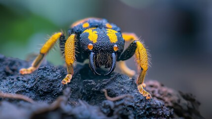 Sticker -  A tight shot of a blue-and-yellow insect up close on a wooden surface, surrounded by green leaves in the background