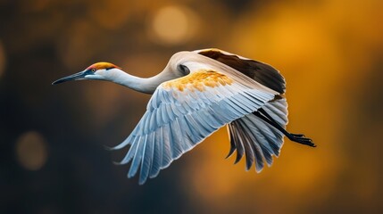 Poster -  A bird in flight, wings sprawled, head askew