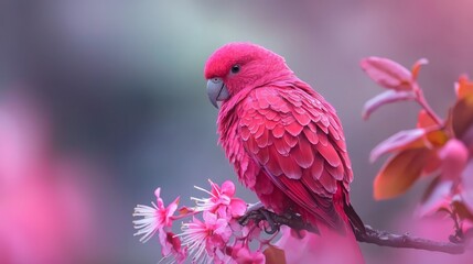 Sticker -  A pink bird perches on a branch, surrounded by pink flowers in the foreground The background softly blurs