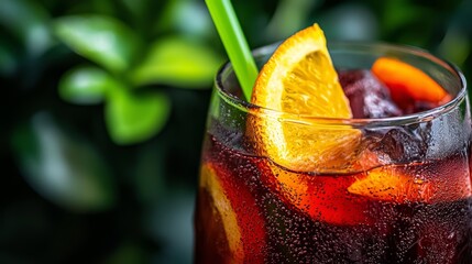 Wall Mural -  A tight shot of an orange slice and a green stem in a glass, suspended in a drink