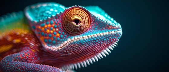 Wall Mural -  A tight shot of a vibrant chameleon's eye against a black backdrop, surrounded by a surrounding blue background