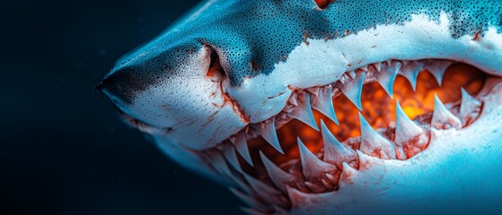 Wall Mural -  A tight shot of a shark's teeth, one displaying a scarlet mark in its center