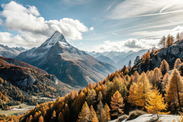 Majestic autumn view of a mountain peak surrounded by golden larches under a bright blue sky in a serene valley setting. Generative AI