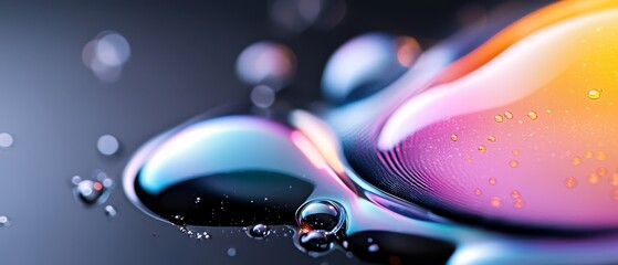 Poster -  A tight shot of a water droplet on a dark backdrop, surrounded by smaller droplets at its base