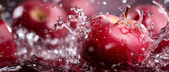 Canvas Print -  A red apple with water droplets cascading from its side, alongside a backdrop of additional red apples