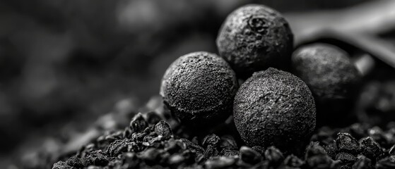 Poster -  A monochrome image of three tea balls atop a mound of dried black tea leaves