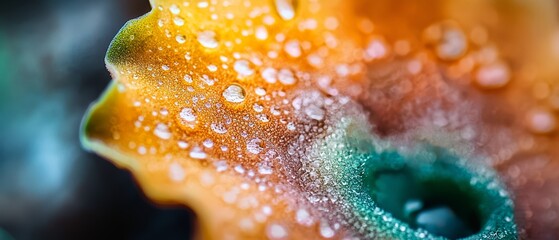 Poster -  A tight shot of a flower with dewdrops on its petals and the floret at the center