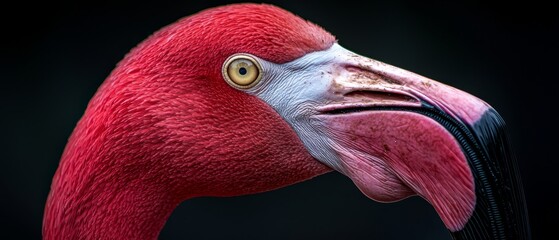 Poster -  A tight shot of a red-and-white bird with a lengthy neck and an oversized yellow beak