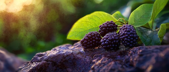 Sticker -  A cluster of blackberries atop a purple rock beside a leafy, green tree