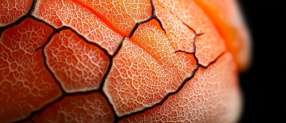 Wall Mural -  A tight shot of a red fruit featuring a leafy texture on its outer half against a stark black backdrop