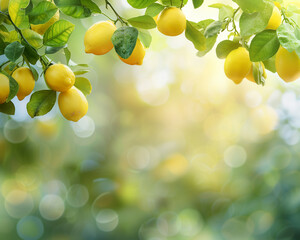 Bunches of fresh yellow ripe lemons with green leaves on lemon tree. Close up of lemon fruits with blurred nature backdrop. Summer tropical food, fresh fruit, harvest, healthy food concept