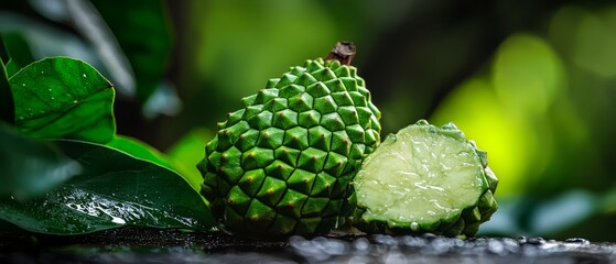 Poster -  A tight shot of a table displaying a leafy plant and a slice of cucumber nearby