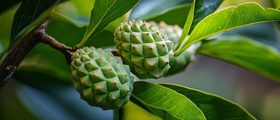  A tight shot of a tree branch bearing two cones of fruit against a backdrop of green leaves