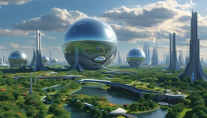 Wall Mural - Futuristic Cityscape Showcasing a Stunning Holographic Sphere Against the Dazzling Night Sky