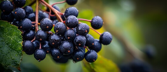 Sticker -  A tight shot of black grapes cluster on a tree branch, adorned with water droplets on both fruit and leaves