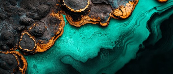 Sticker -  A tight shot of a green-black textured surface, featuring orange and black boulders, and a foreground with orange-tinted water