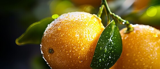 Poster -  A tight shot of two oranges dripping with water atop a tree branch