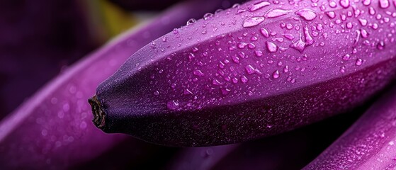 Sticker -  A tight shot of several purpled-hued bananas, beaded with water droplets on their surfaces