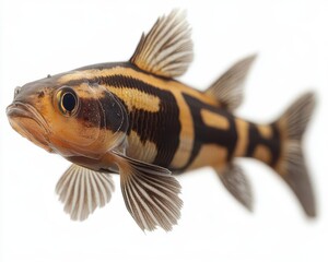 Wall Mural - Striped loach fish with elongated body, isolated on a white background, freshwater species, popular in aquariums