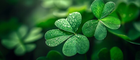 Sticker -  A tight shot of three clover leaves, each adorned with water droplets in the foreground, against a backdrop of lush green foliage in the background