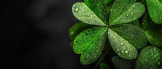 Canvas Print -  A tight shot of a plant adorned with water-speckled leaves against a stark black background