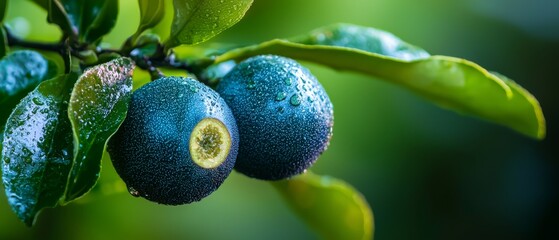 Sticker -  A tight shot of two blue fruits on a tree branch, adorned with water-speckled leaves against a verdant backdrop