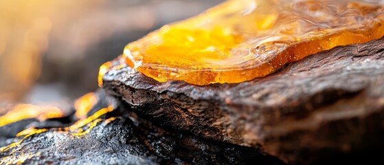 Canvas Print -  A tight shot of a rock featuring a yellow deposit on its surface and a layer of water overlapping the area