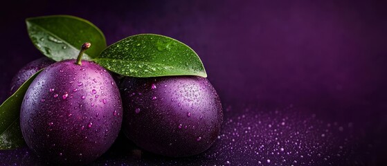  Two plums on a purple surface, each with a green leaf and a water droplet