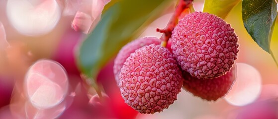 Sticker -  Two raspberries dangle from a tree branch against a blurred, bokeh-filled backdrop of pink, yellow, and green leaves