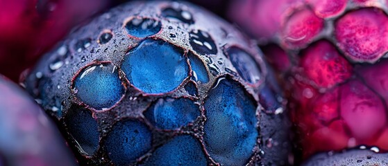 Canvas Print -  A tight shot of a blue-purple object dotted with water droplets, against a backdrop of a pink blossom