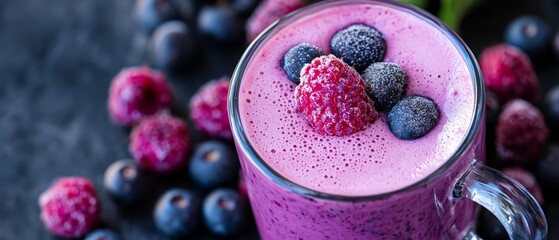 Canvas Print -  A table holds a smoothie made of blueberries and raspberries, surrounded by extra berries