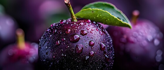 Sticker -  A tight shot of a plum with a verdant leaf at its tip and dewdrops on its skin