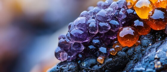 Wall Mural -  A tight shot of layered rocks in various colors, with a hazy backdrop behind