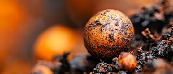 Sticker -  A tight shot of a rotten orange amongst dirt, surrounded by decaying oranges in the background