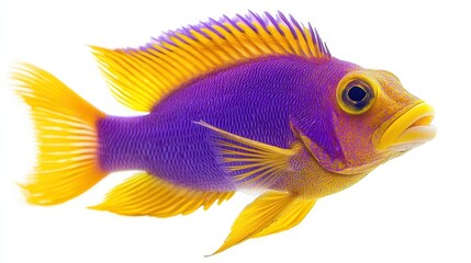 Wall Mural - Royal gramma fish with vibrant purple and yellow coloration, isolated on white background, coral reef species, stunning marine life.