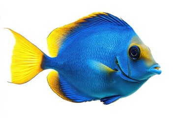 Royal blue tang, isolated against white background, bright colors and distinctive shape, tropical coral reef species