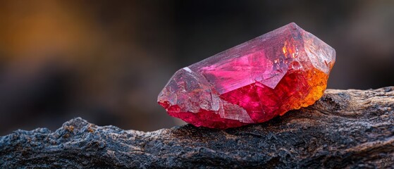 Canvas Print -  A pink and orange rock perched on a tree branch against a blurred forest backdrop