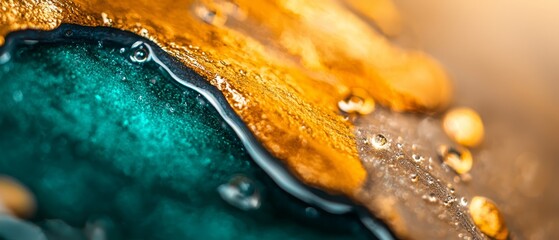 Wall Mural -  A tight shot of water droplets on a yellow-green surface, surrounded by a hazy background of similar droplets