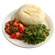 © Michael - Authentic african dish with a portion of ugali, tomato stew, and sautéed greens, displayed on a white plate with a clear backdrop
