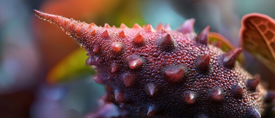 Poster -  A tight shot of a red plant with spiky leaves atop and a leaf visible on the opposite side