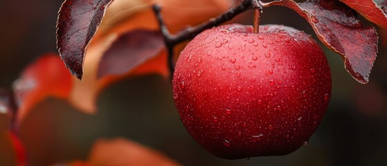 Sticker -  A red apple, poised on a tree branch, is surrounded by water-specked leaves, as it remains unmoved